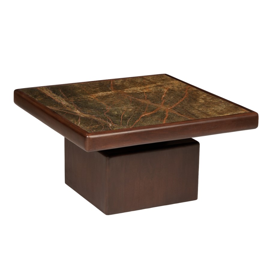 Large Mango Wood and Green Marble Square Coffee Table - Rana