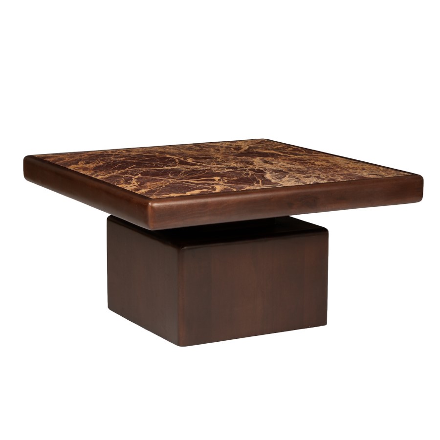 Large Mango Wood and Red Marble Square Coffee Table - Rana
