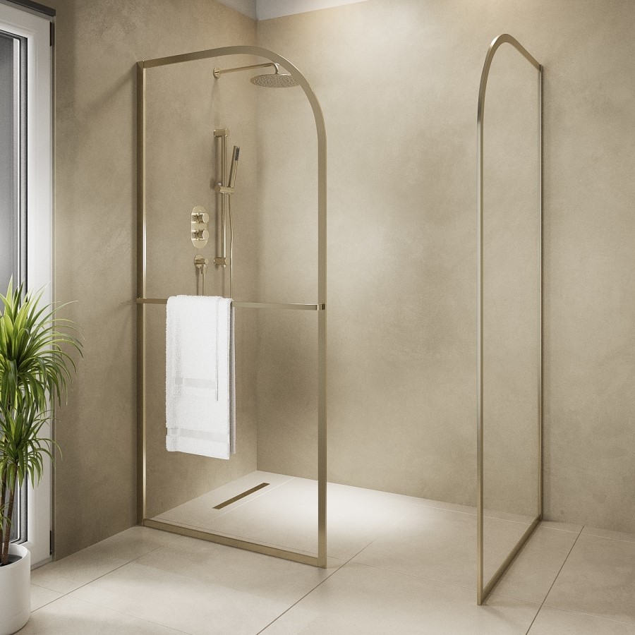 1000mm Brushed Brass Curved Glass Shower Screen for Wet Room & Walk In Shower - Raya