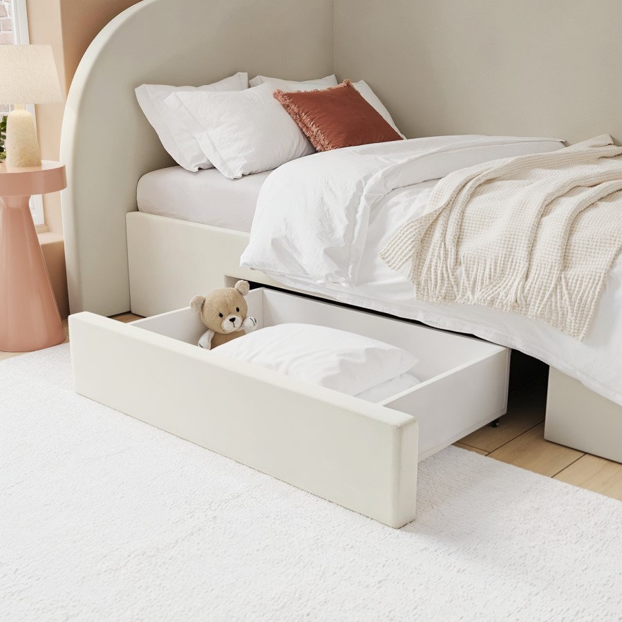 Cream Single Velvet Bed Frame with Storage Drawer and Curved Headboard - Reagan