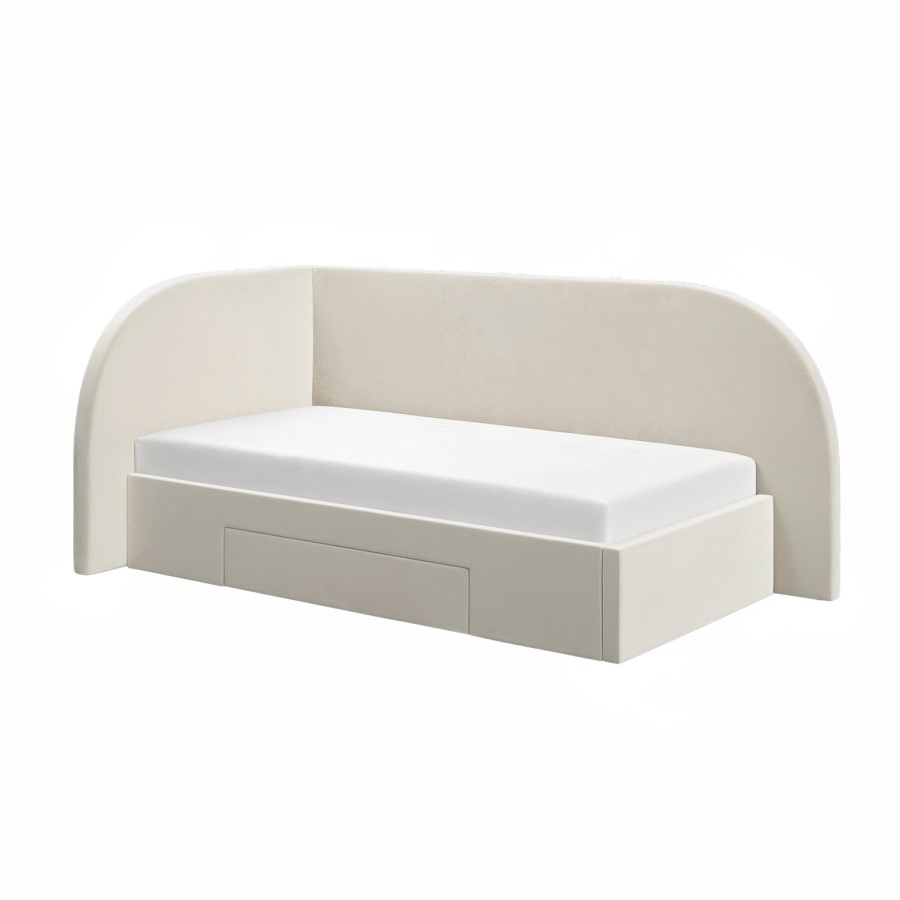 Cream Single Velvet Bed Frame with Storage Drawer and Curved Headboard - Reagan