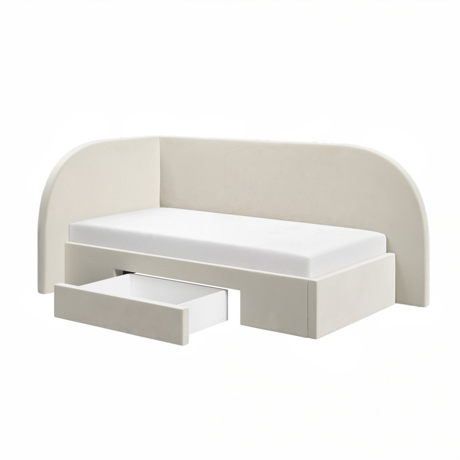 Cream Single Velvet Bed Frame with Storage Drawer and Curved Headboard - Reagan