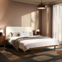 Walnut King Size Wooden Bed Frame With Upholstered Curved Headboard - Reece