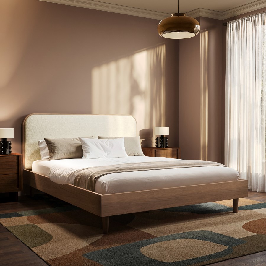 Walnut King Size Wooden Bed Frame With Upholstered Curved Headboard - Reece