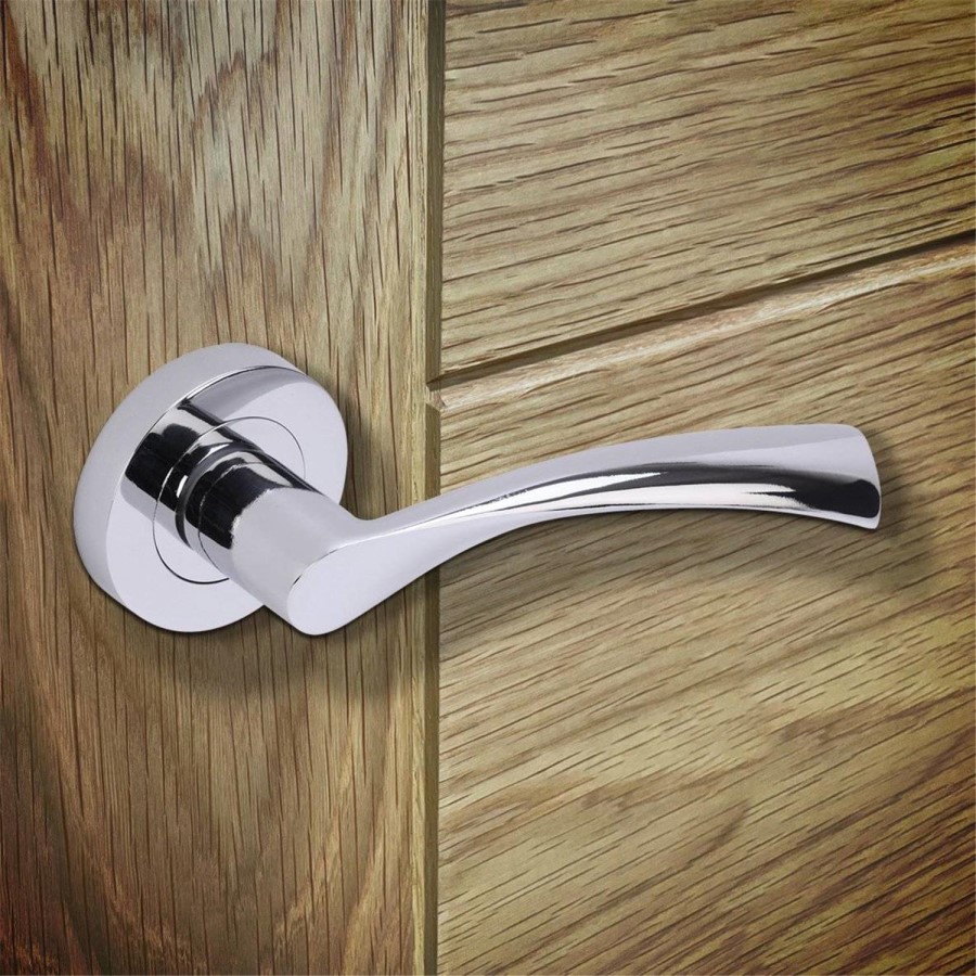 Internal Silver Polished Chrome Bathroom Lever Door Handle with Lock, Latch and Hinges Pack - 75mm Latch - Rhine - XL Joinery