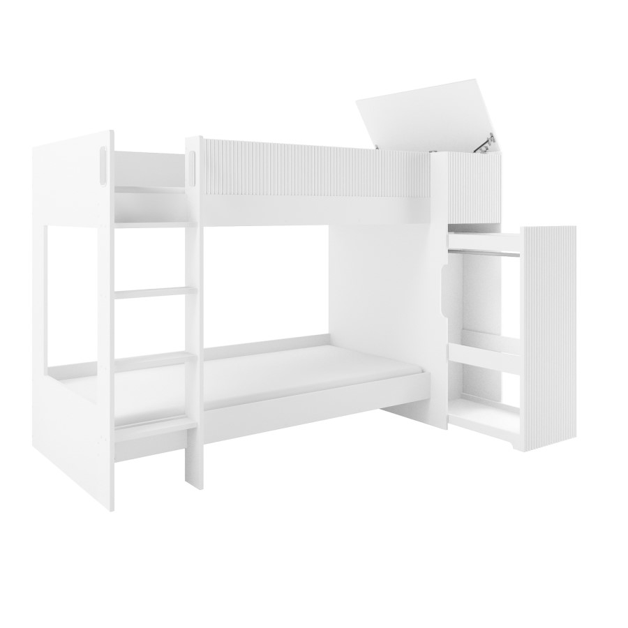 White Ribbed Bunk Bed with Storage and Wardrobe - Riya