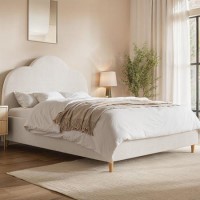 Cream Boucle Double Ottoman Bed with Legs and Scalloped Headboard - Roma