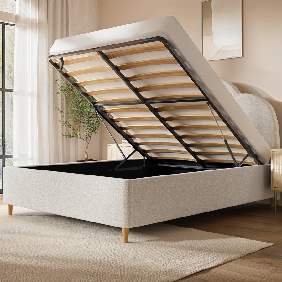 Cream Boucle Double Ottoman Bed with Legs and Scalloped Headboard - Roma