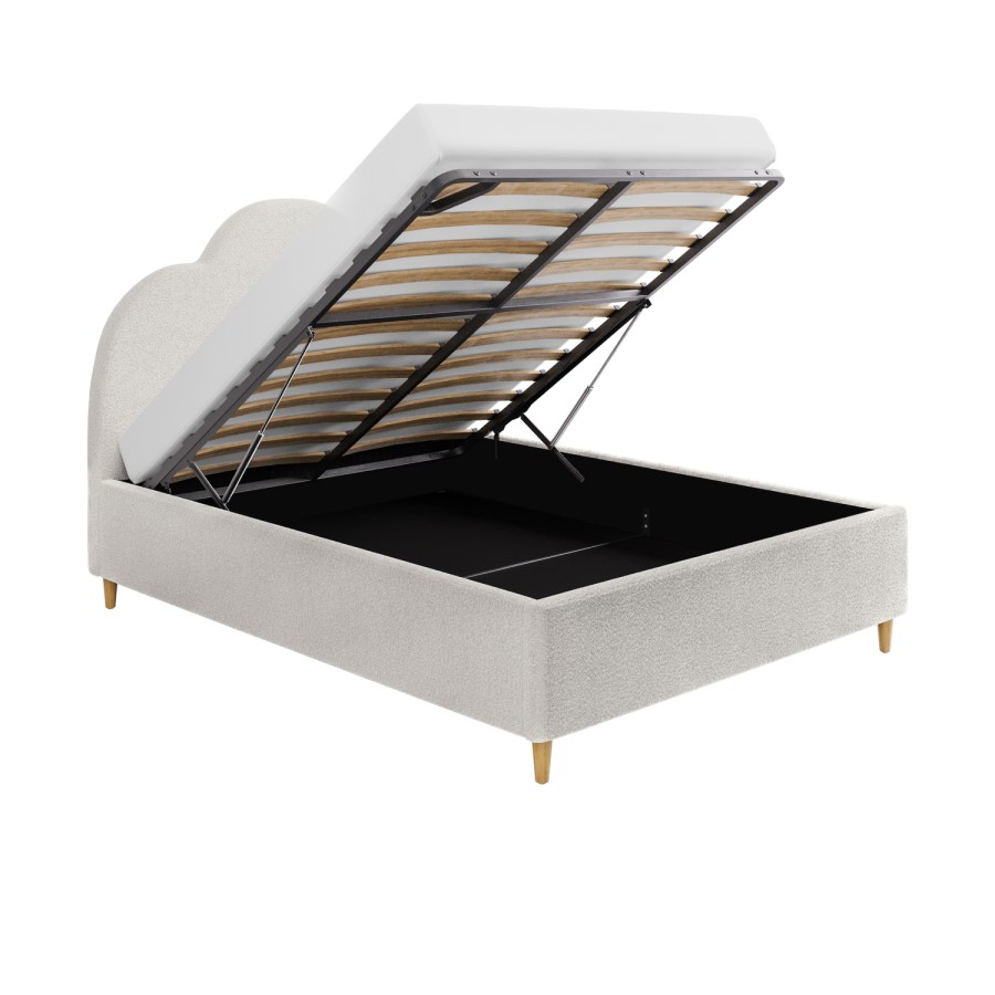 Cream Boucle Double Ottoman Bed with Legs and Scalloped Headboard - Roma