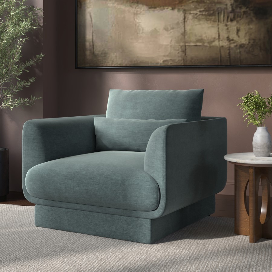 ONLY OPENED - Blue Chenille Armchair with Cushion - Ramses 