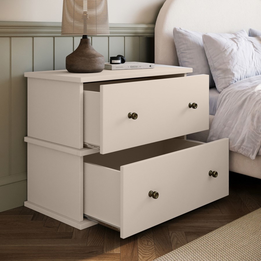 Wide Beige 2 Drawer Bedside Table - Ralph