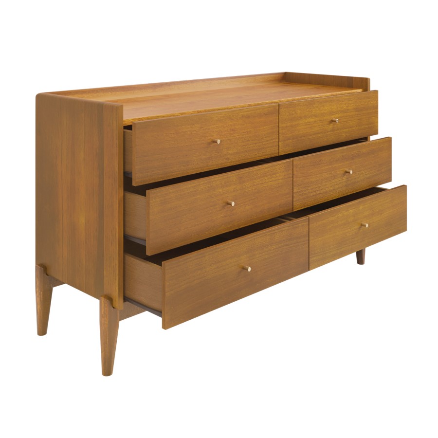 Wide Wooden Mid-Century 6 Drawer Chest of Drawers - Rumi
