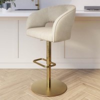 ALMOST PERFECT - Curved Beige Fabric Adjustable Swivel Bar Stool with Gold Base - Runa