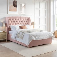 Pink Velvet Double Ottoman Bed with Winged Chesterfield Headboard - Safina