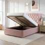 Pink Velvet Double Ottoman Bed with Winged Chesterfield Headboard - Safina