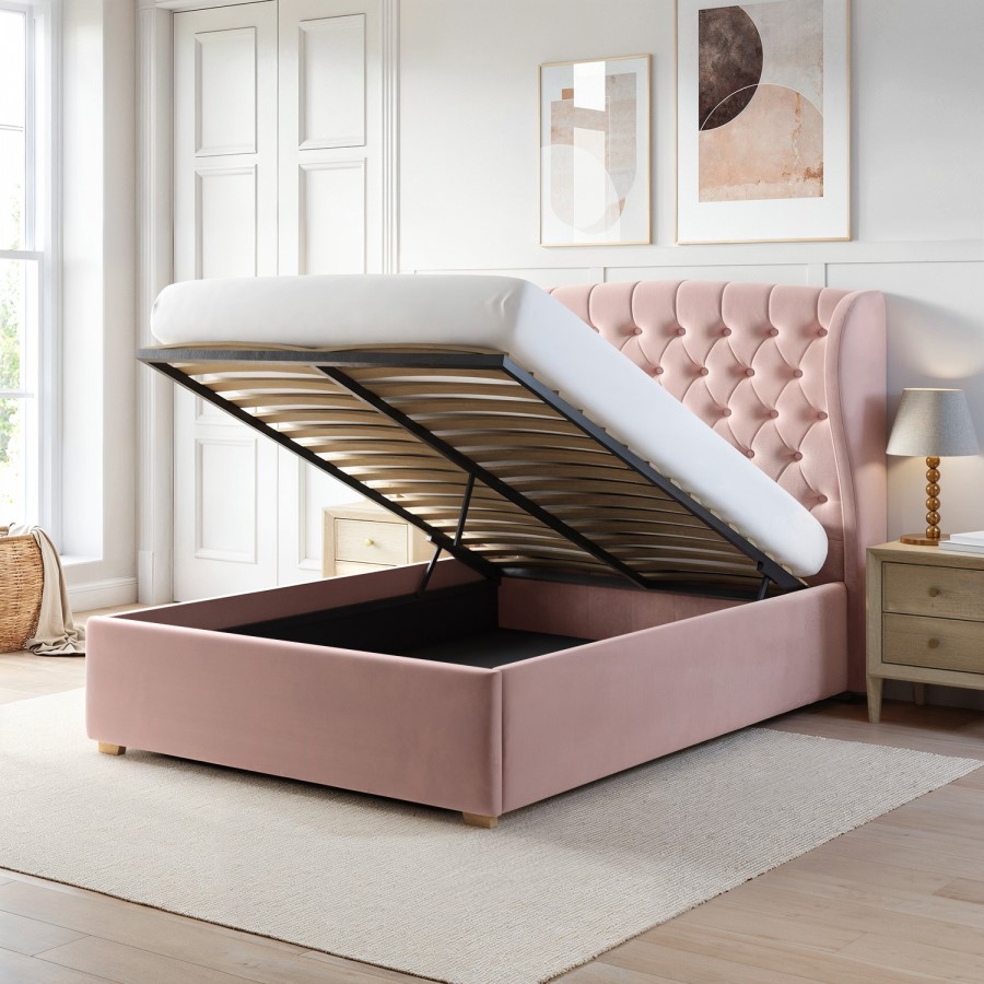 Pink Velvet Double Ottoman Bed with Winged Chesterfield Headboard - Safina