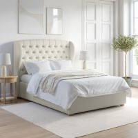 Cream Upholstered Double Ottoman Bed with Winged Chesterfield Headboard - Safina