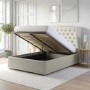 Cream Upholstered Double Ottoman Bed with Winged Chesterfield Headboard - Safina