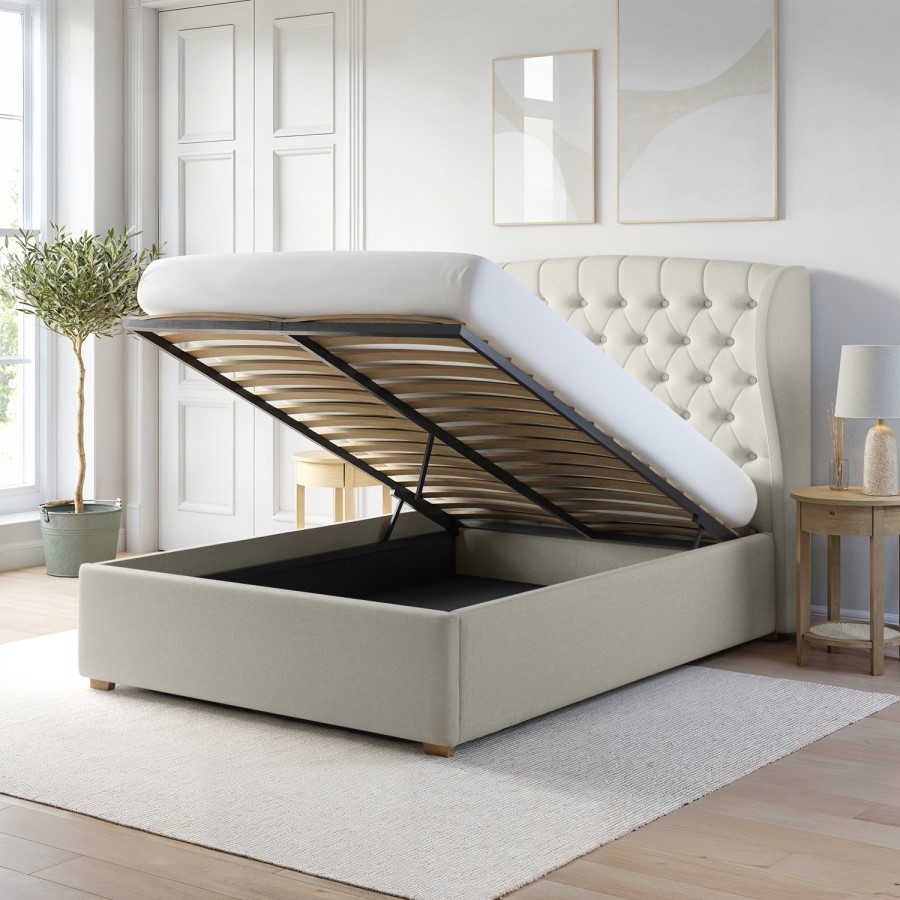 Cream Upholstered Double Ottoman Bed with Winged Chesterfield Headboard - Safina