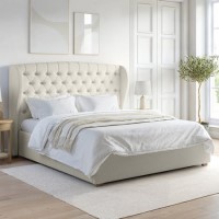 Cream Upholstered Super King Ottoman Bed with Winged Chesterfield Headboard - Safina