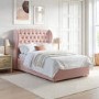 Pink Velvet Small Double Ottoman Bed with Winged Chesterfield Headboard - Safina