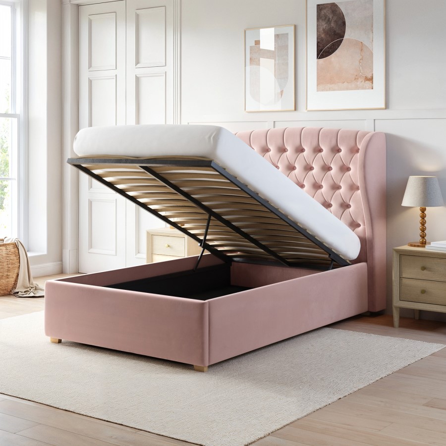 Pink Velvet Small Double Ottoman Bed with Winged Chesterfield Headboard - Safina