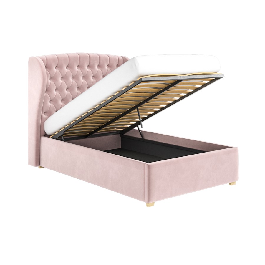 Pink Velvet Small Double Ottoman Bed with Winged Chesterfield Headboard - Safina