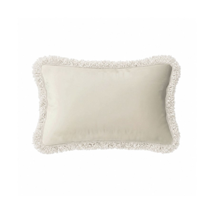 Beige Velvet Fibre Filled Fringed Sofa Scatter Cushion - 50 x 30cm - Jora