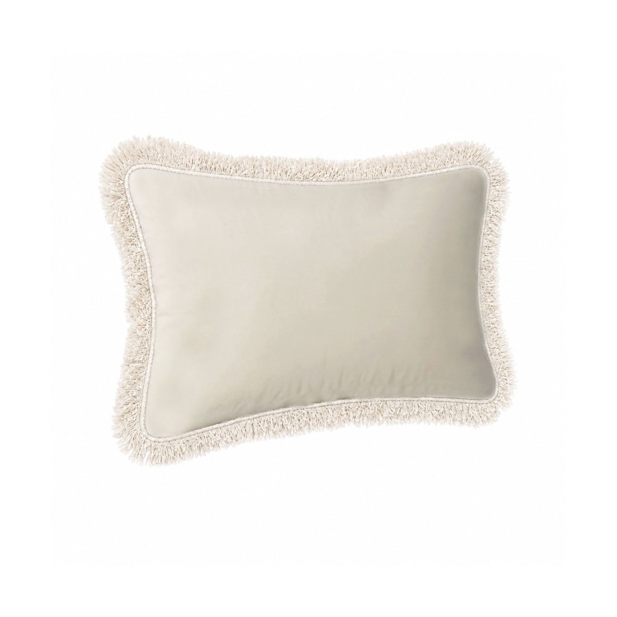 Beige Velvet Fibre Filled Fringed Sofa Scatter Cushion - 50 x 30cm - Jora