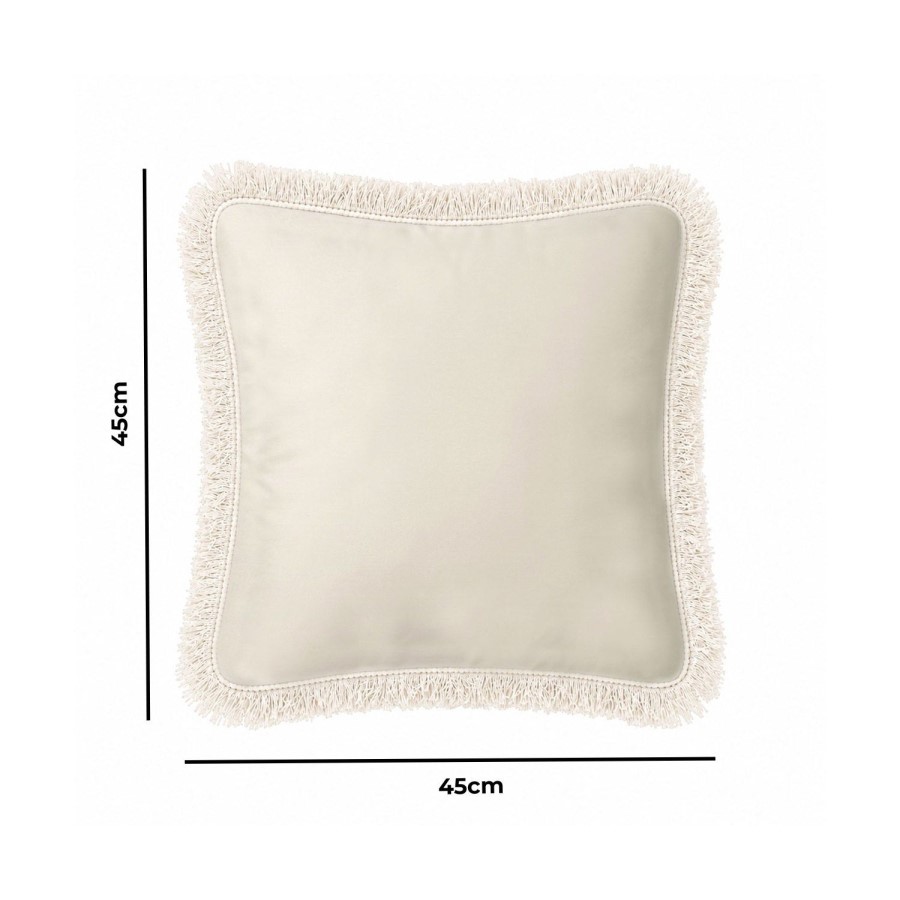 Beige Velvet Fibre Filled Fringed Sofa Scatter Cushion - 45 x 45cm - Jora