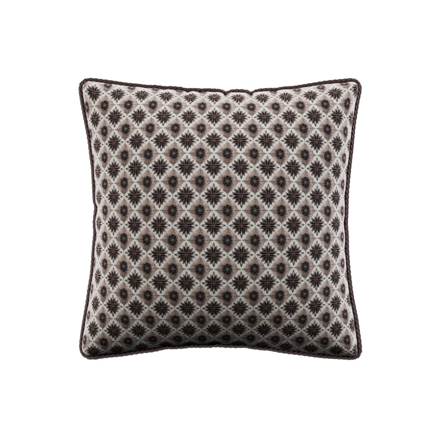 Brown Patterned Velvet Sofa Scatter Cushion with Rope Trim - 45 x 45cm - Eos