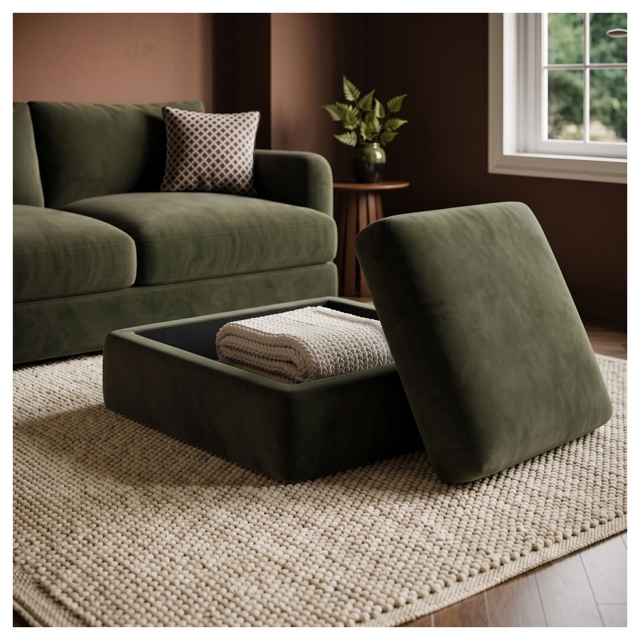 Khaki Green Velvet Ottoman Storage Footstool - Sade