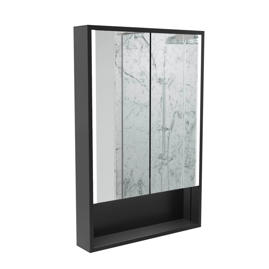 Sensio Sydney Double Door Black Bathroom Mirror Cabinet with Lights & Shelf 600 x 900mm