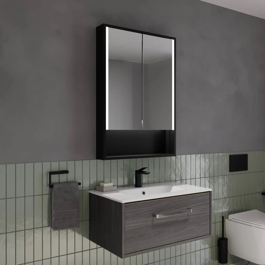 Sensio Sydney Double Door Black Bathroom Mirror Cabinet with Lights & Shelf 600 x 900mm