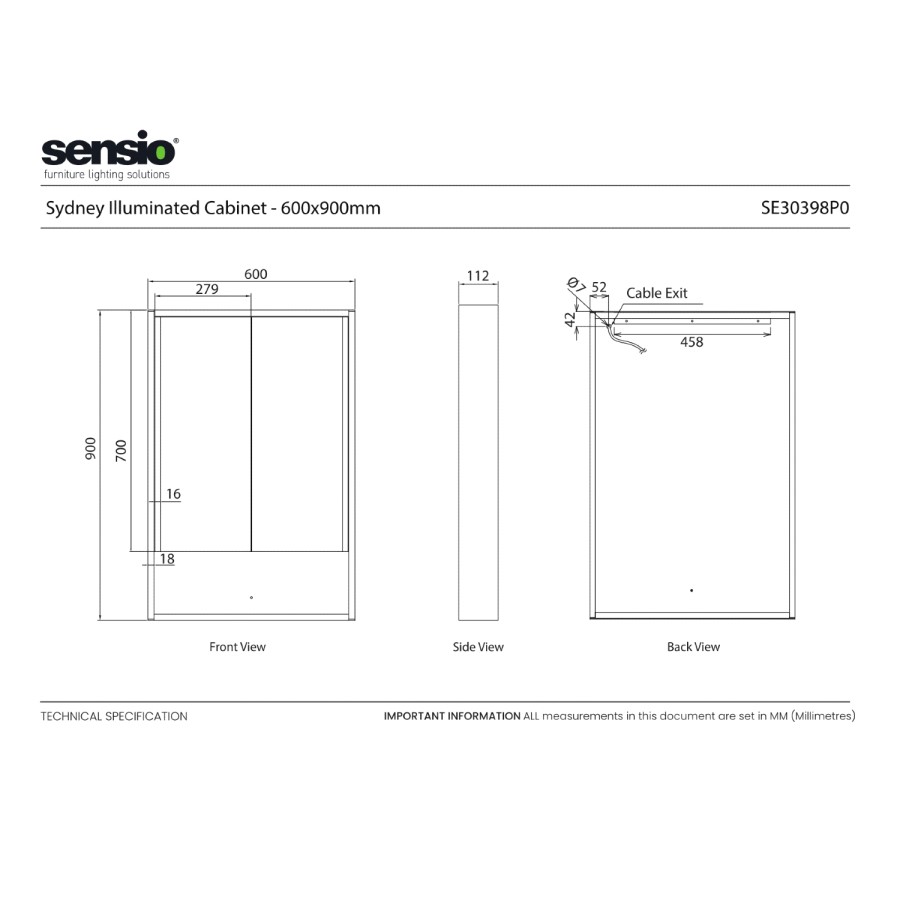 Sensio Sydney Double Door Black Bathroom Mirror Cabinet with Lights & Shelf 600 x 900mm