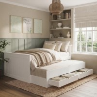 Small Double White Wooden Guest Bed with Storage and Trundle - Sander