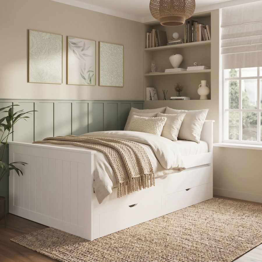Small Double White Wooden Guest Bed with Storage and Trundle - Sander