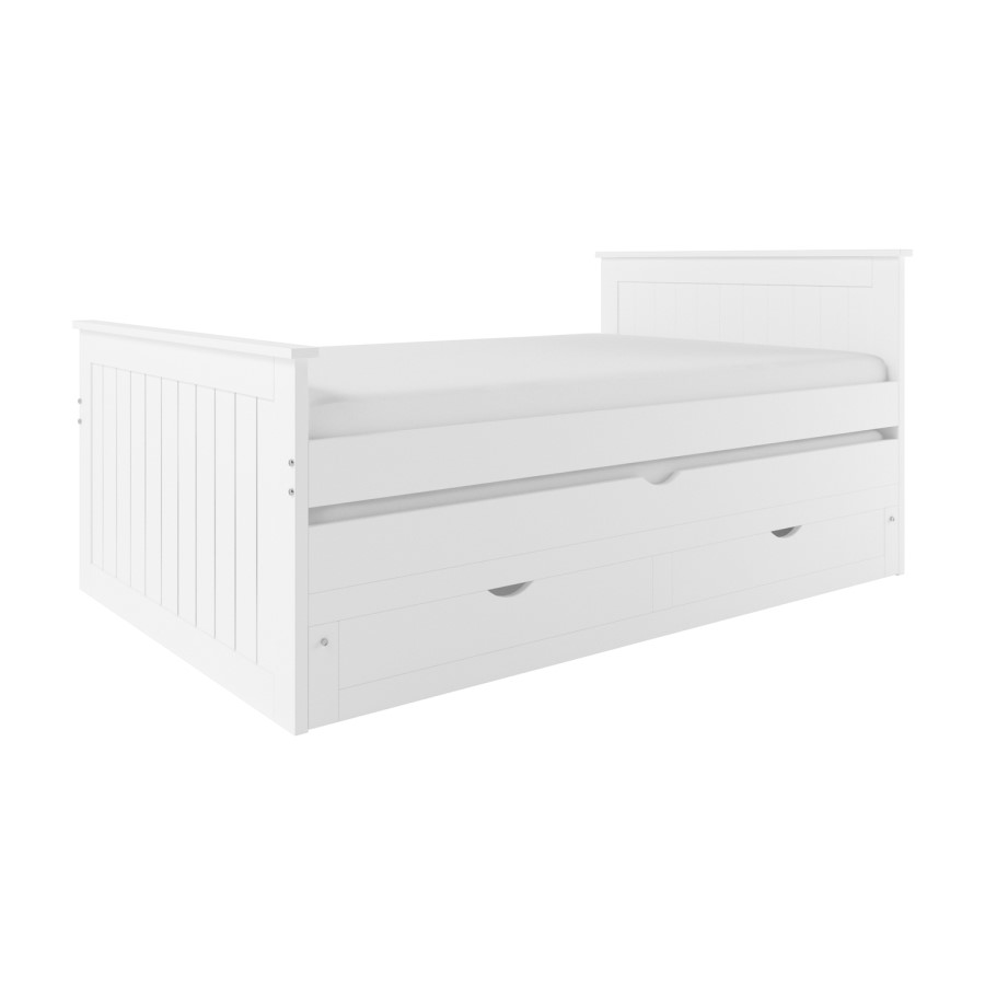 Small Double White Wooden Guest Bed with Storage and Trundle - Sander