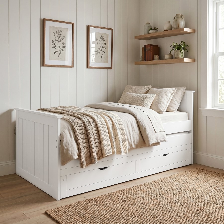 Single White Wooden Guest Bed with Storage and Trundle - Sander