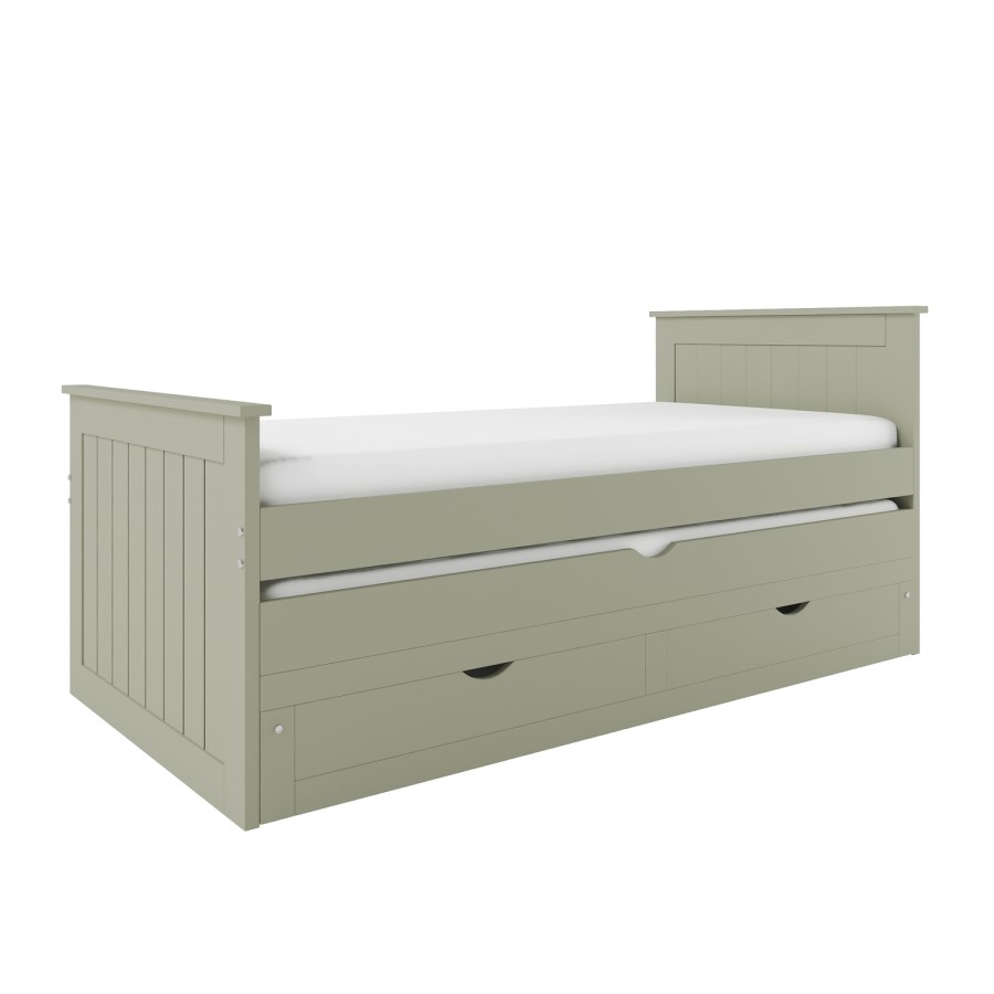 Single Green Wooden Guest Bed with Storage and Trundle - Sander