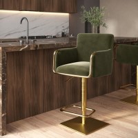 ONLY OPENED - Olive Green Velvet Adjustable Swivel Bar Stool with Gold Base - Sonny