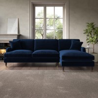 Navy Blue Velvet Right Hand Facing 4 Seater Chaise Corner Sofa - Payton