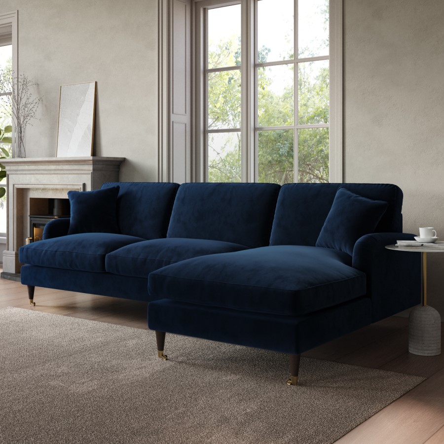 Navy Blue Velvet Right Hand Facing 4 Seater Chaise Corner Sofa - Payton