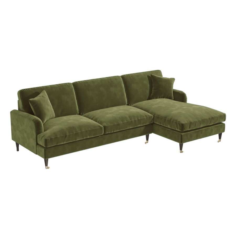 Olive Green Velvet Right Hand 4 Seater Chaise Corner Sofa - Payton