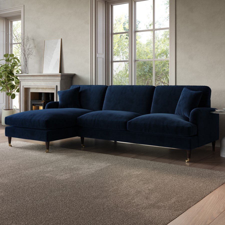 Navy Blue Velvet Left Hand Facing 4 Seater Chaise Corner Sofa - Payton