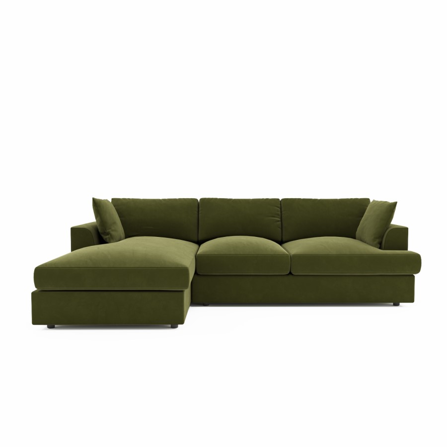 Olive Green Velvet Left Hand 4 Seater Chaise Corner Sofa - August