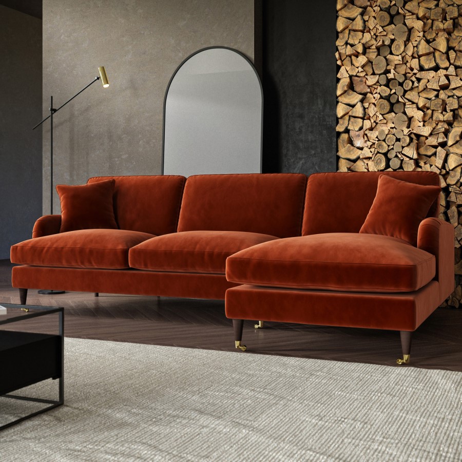 Burnt Orange Velvet Right Hand Facing 4 Seater Chaise Corner Sofa - Payton