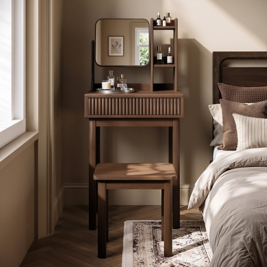 Walnut Dressing Table With Mirror and Matching Stool - Sawyer 