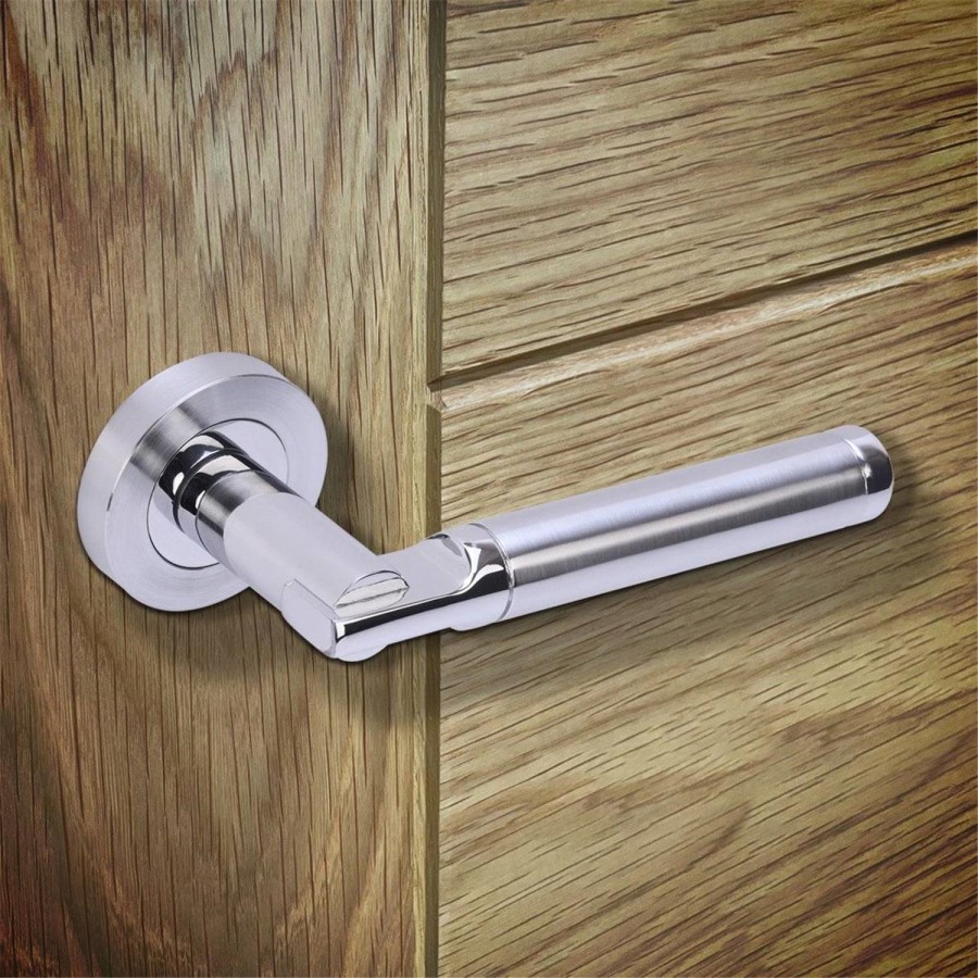 Internal Silver Polished/Satin Chrome Bathroom Lever Door Handle with Lock, Latch and Hinges Pack - 75mm Latch - Tiber - XL Joinery