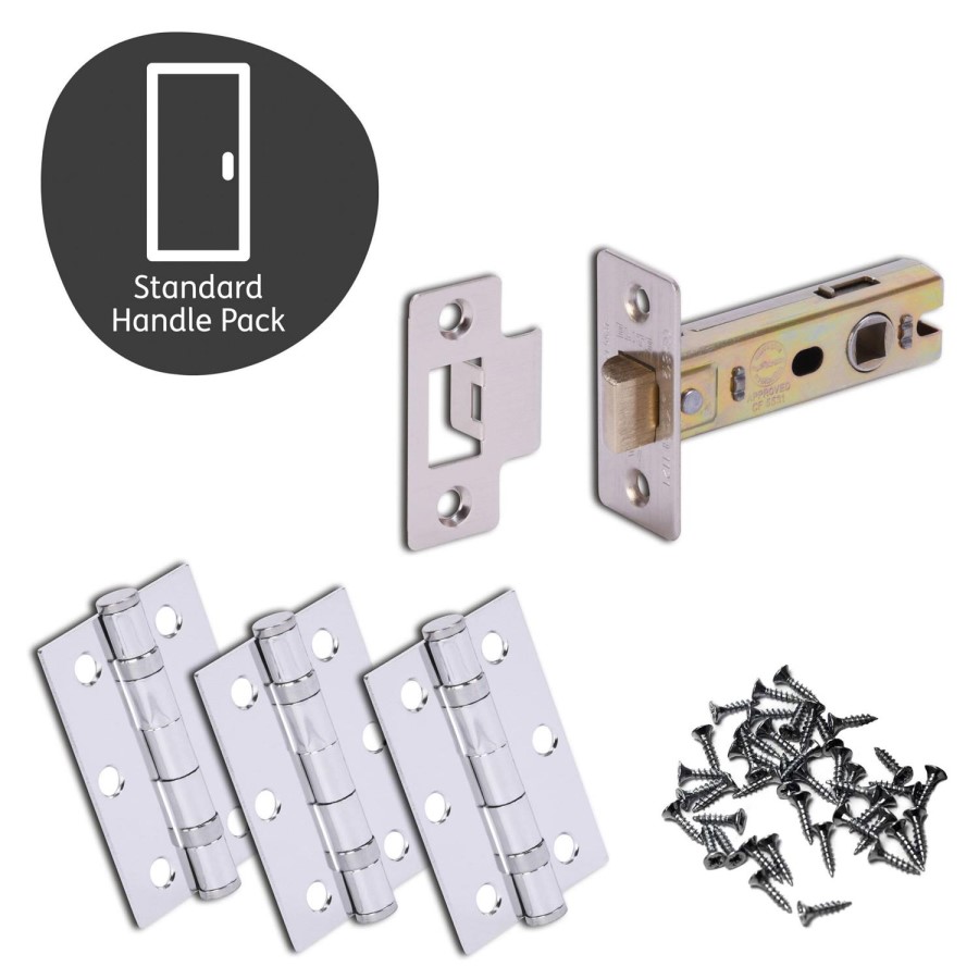 Internal Silver Polished/Satin Chrome Bathroom Lever Door Handle with Lock, Latch and Hinges Pack - 75mm Latch - Tiber - XL Joinery